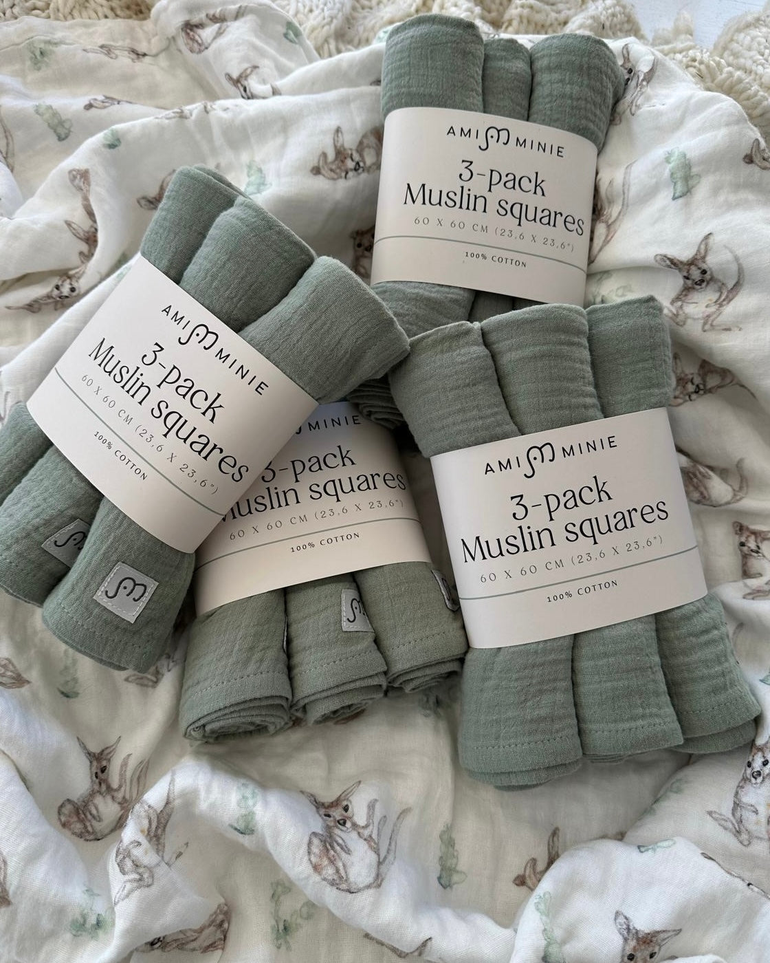 3-pack Muslin squares Green/White