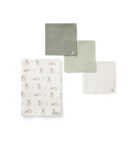Kang the kangaroo + 3-pack Muslin squares Green/White