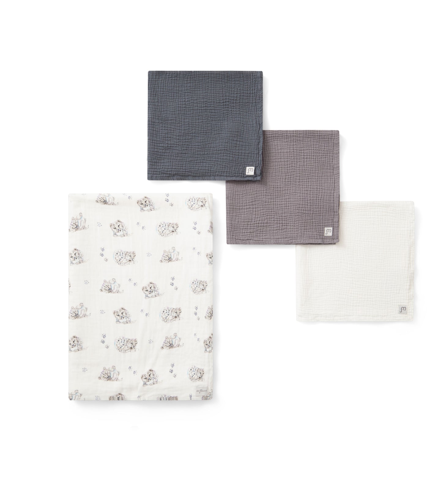 Scout the Snow leopard + 3-pack Muslin squares Blue/Grey/White